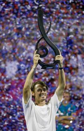 July 27, 2025: Alex De Minaur hoists the championship trophy after the final match during the 2025 Mubadala Citi DC Open tennis tournament being played at Rock Creek Park Tennis Center in Washington, D.C. CSM District Of Columbia United States of America - ZUMAc04_ 20250727_zma_c04_303 Copyright: xJustinxCooperx