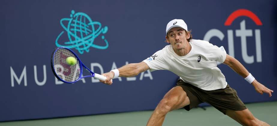 July 27, 2025: Alex De Minaur hits a shot in the final match during the 2025 Mubadala Citi DC Open tennis tournament being played at Rock Creek Park Tennis Center in Washington, D.C. CSM District Of Columbia United States of America - ZUMAc04_ 20250727_zma_c04_304 Copyright: xJustinxCooperx