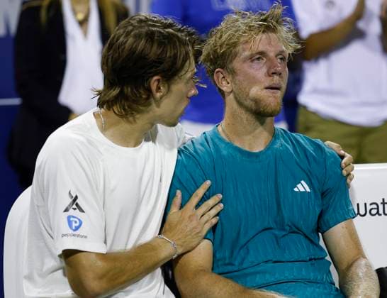 July 27, 2025: Alex De Minaur consoles Alejandro Davidovich Fokina after the final match during the 2025 Mubadala Citi DC Open tennis tournament being played at Rock Creek Park Tennis Center in Washington, D.C. CSM District Of Columbia United States of America - ZUMAc04_ 20250727_zma_c04_308 Copyright: xJustinxCooperx