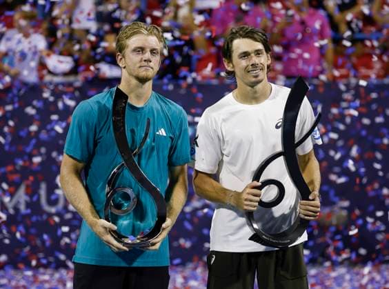 July 27, 2025: Alex De Minaur and Alejandro Davidovich Fokina pose with their respective trophies after the final match during the 2025 Mubadala Citi DC Open tennis tournament being played at Rock Creek Park Tennis Center in Washington, D.C. CSM District Of Columbia United States of America - ZUMAc04_ 20250727_zma_c04_313 Copyright: xJustinxCooperx