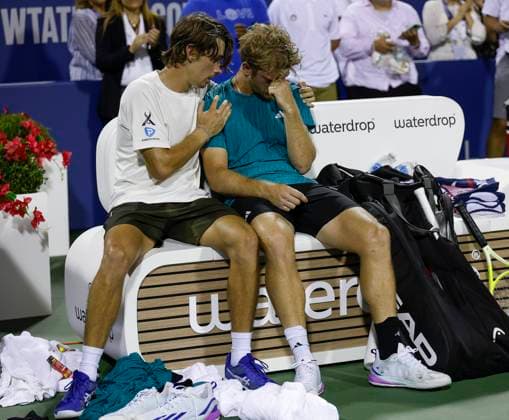 July 27, 2025: Alex De Minaur consoles Alejandro Davidovich Fokina after the final match during the 2025 Mubadala Citi DC Open tennis tournament being played at Rock Creek Park Tennis Center in Washington, D.C. CSM District Of Columbia United States of America - ZUMAc04_ 20250727_zma_c04_314 Copyright: xJustinxCooperx