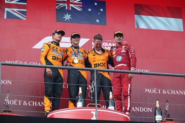 Formula 1 of Belgium Winner Australian driver Oscar Piastri (M) of McLaren F1 Team, second place for British driver Lando Norris (L) of McLaren F1 Team and third place for Monegasque driver Charles Leclerc (R) of Scuderia Ferrari HP on the Podium after the Formula 1 Moet & Chandon Belgian Grand Prix 2025 at the Circuit de Spa-Francorchamps in Spa, Belgium, July 27 2025. Spa-Francorchamps Belgium Copyright: xMatrixxImagesx xHasanxBraticx 