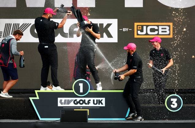 Legion XIII celebrate winning the team event. LIV Golf UK, Day Three, Golf, JCB Golf & Country Club, Uttoxeter, UK - 27 Jul 2025Uttoxeter JCB Golf & Country Club United Kingdom EDITORIAL USE ONLY No use with unauthorised audio, video, data, fixture lists, club league logos or live services. Online in-match use limited to 120 images, no video emulation. No use in betting, games or single club league player publications. Copyright: xJamesxMarsh Shutterstockx 15410873cp