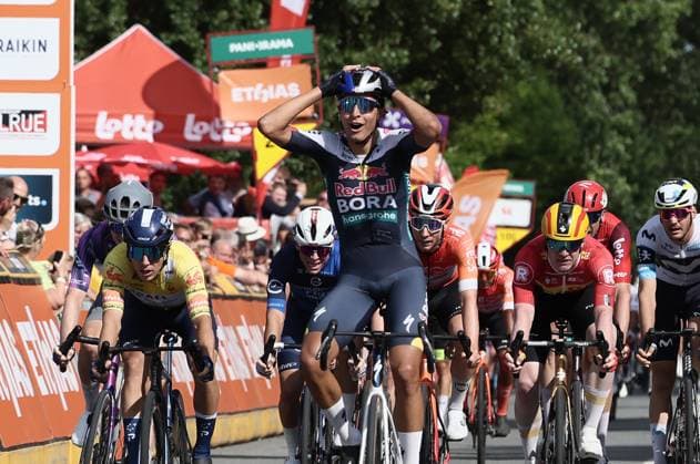 Davide Donati of Red Bull pictured crossing the finish line of the second stage of the Tour De Wallonie cycling race, from Huy to Sambreville (153km), on Sunday 27 July 2025. BRUNOxFAHY  x130197384x