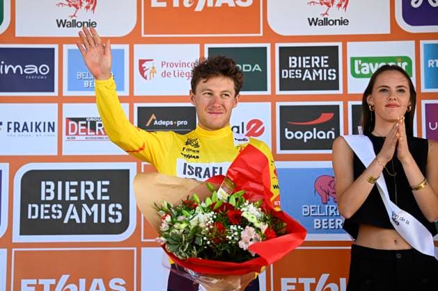 Tour de Wallonie 2025 Stage 3 ANTOING, BELGIUM - JULY 28 : Strong Corbin (USA) of Israel - Premier Tech on the podium during stage 3 of the 30th edition of Tour de Wallonie an UCI ProSeries 2.Pro cycling road race stage for Men Elite of 165.3 km with start in Estinnes and finish in Antoing on July 28, 2025 in Antoing, Belgium, 28 07 2025 ( Motordriver Pieter Van Herzele - Antoing Belgium  Copyright: xTomasxSiskx