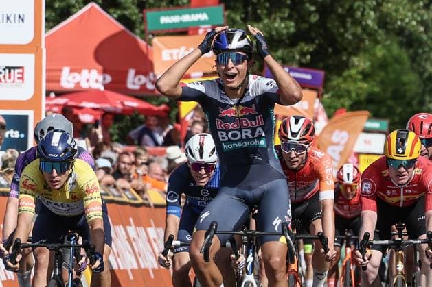 Italian Davide Donati (Red Bull Bora Hansgrohe) celebrates as he crosses the finish line to win the third stage of the Tour De Wallonie cycling race, from Estinnes to Antoing (165,3km), on Monday 28 July 2025. BRUNOxFAHY  x130199957x