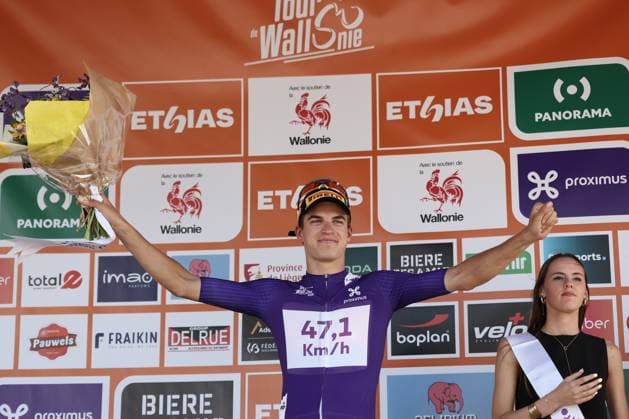 Czech Mathias Vacek of Lidl-Trek pictured on the podium after the third stage of the Tour De Wallonie cycling race, from Estinnes to Antoing (165,3km), on Monday 28 July 2025. BRUNOxFAHY  x130200347x