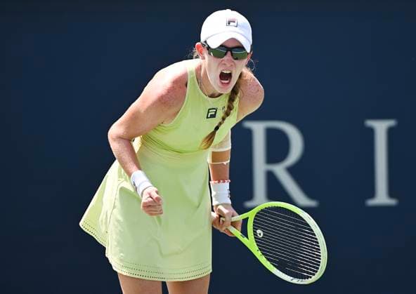 July 28, 2025, Montreal, Pq, Canada: Kayla Cross, of Canada, reacts during her first round match against Kamilla Rakhimova, of Russia, at the National Bank Open tennis tournament in Montreal, Monday, July 28, 2025. Kamilla Rakhimova, Kayla Cross, - ZUMAc35_ 20250728_zaf_c35_002 Copyright: xGrahamxHughesx