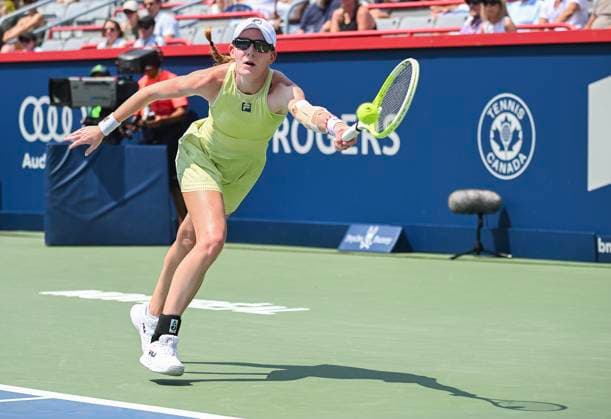 July 28, 2025, Montreal, Pq, Canada: Kayla Cross, of Canada, lunges for the ball during her first round match against Kamilla Rakhimova, of Russia, at the National Bank Open tennis tournament in Montreal, Monday, July 28, 2025. Kamilla Rakhimova, Kayla Cross, - ZUMAc35_ 20250728_zaf_c35_032 Copyright: xGrahamxHughesx