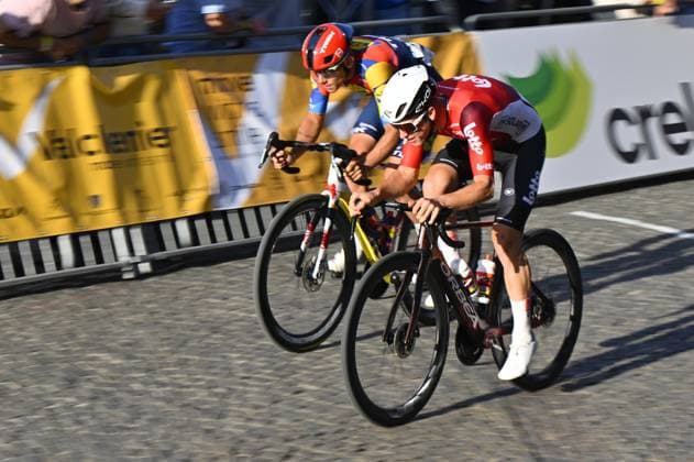Belgian Thibau Nys of Lidl-Trek and Belgian Jenno Berckmoes of Lotto Cycling Team pictured in action during the Natourcriterium Aalst cycling event, Monday 28 July 2025 in Aalst. The traditional criteriums are local showcases for which mainly cyclists who rode the Tour de France are invited. ERICxLALMAND  x130205941x