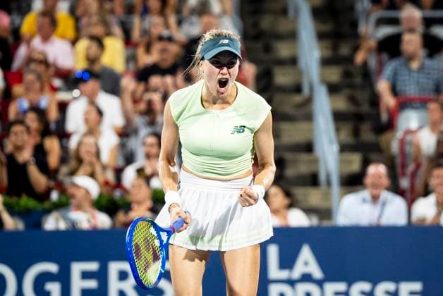 July 28, 2025, Montreal, Pq, CANADA: Eugenie Bouchard of Canada celebrates during her first round match against Emiliana Arango of Colombia at the National Bank Open tennis tournament in Montreal on Monday, July 28, 2025. Canada News - July 28, 2025  - ZUMAc35_ 20250728_zaf_c35_158 Copyright: xChristopherxKatsarovx