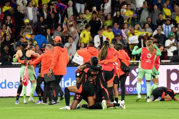 Colombia celebrates semifinals win over Argentina of the Copa America Feminina between Argentina and Colombia at Rodrigo Paz Delgado Stadium on July 28, 2025 in Quito, Ecuador (Photo by Camilla Stolen, Imago) Quito Ecuador Copyright: xCamillaxStolenx L1046874