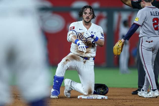 July 28, 2025: Kansas City Royals first baseman Vinnie Pasquantino (9) reacts to his RBI double during the seventh inning against the Atlanta Braves at Kauffman Stadium in Kansas City, MO. CSM Kansas City United States of America - ZUMAc04_ 20250728_zma_c04_037 Copyright: xDavidxSmithx