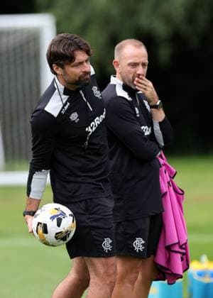 Rangers head coach Russell Martin and Matt Gill at training ahead of tomorrow s Champions League second leg qualifying match against Panathinaikos. Rangers Training - The Rangers Training Centre, Glasgow, Lanarkshire, Scotland, UK - 29 Jul 2025Glasgow The Rangers Training Centre Lanarkshire United Kingdom  Copyright: xO Rourke RangersxFC Shutterstockx 15419009r