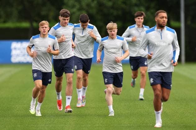 Connor Barron, Findlay Curtis, Bailey Rice, Lyall Cameron, Zander Hutton and Cyriel Dessers training ahead of tomorrow s Champions League second leg qualifying match against Panathinaikos. Rangers Training - The Rangers Training Centre, Glasgow, Lanarkshire, Scotland, UK - 29 Jul 2025Glasgow The Rangers Training Centre Lanarkshire United Kingdom  Copyright: xO Rourke RangersxFC Shutterstockx 15419009z
