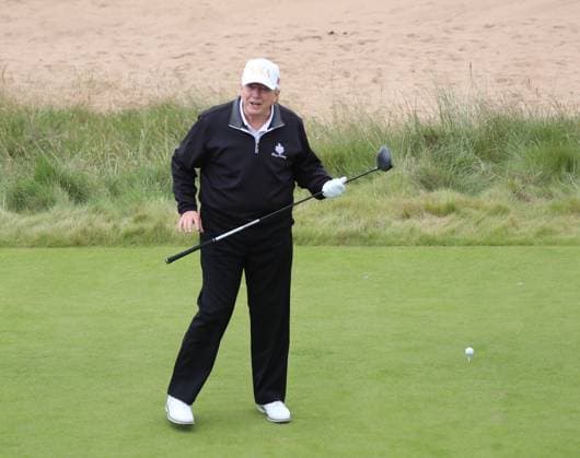 American President Donald Trump speaks to the media and guests before hitting the first ball at The New Course at Trump International Links, Aberdeen in Scotland on Tuesday, July 29, 2025. Trump is on a four day visit to Scotland where he will be playing golf and meeting International leaders for trade discussions.  LON2025072902 HUGOxPHILPOTT