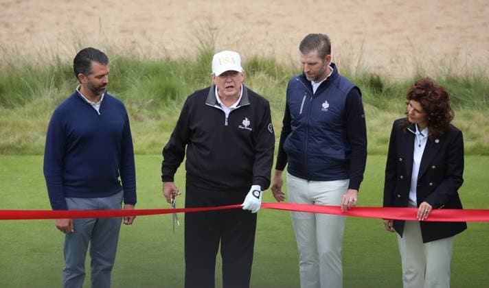 Donald Trump Jr, American President Donald Trump, Eric Trump and Sarah Malone after opening The New Course at Trump International Links, Aberdeen in Scotland on Tuesday, July 29, 2025. Trump is on a four day visit to Scotland where he will be playing golf and meeting International leaders for trade discussions.  LON2025072932 HUGOxPHILPOTT
