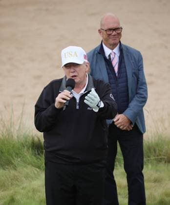 American President Donald Trump speaks at the opening of The New Course at Trump International Links, Aberdeen in Scotland on Tuesday, July 29, 2025. Trump is on a four day visit to Scotland where he will be playing golf and meeting International leaders for trade discussions.  LON2025072933 HUGOxPHILPOTT