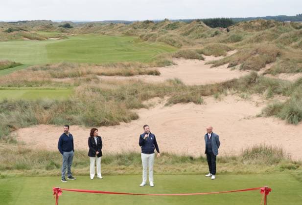 L-R Donald Trump Jr, Sarah Malone, Eric Trump and Guy Kinnings at the opening of The New Course at Trump International Links, Aberdeen in Scotland on Tuesday, July 29, 2025. Trump is on a four day visit to Scotland where he will be playing golf and meeting International leaders for trade discussions.  LON2025072939 HUGOxPHILPOTT