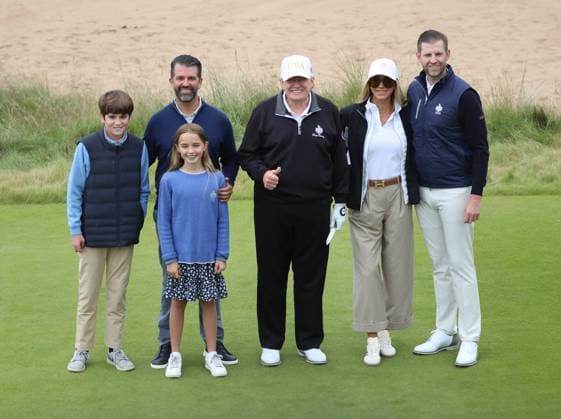L-R Spencer Trump, Chloe Trump, Donald Trump Jr, American President Donald Trump, Lara Trump and Eric Trump at The New Course at Trump International Links, Aberdeen in Scotland on Tuesday, July 29, 2025. Trump is on a four day visit to Scotland where he will be playing golf and meeting International leaders for trade discussions.  LON2025072916 HUGOxPHILPOTT