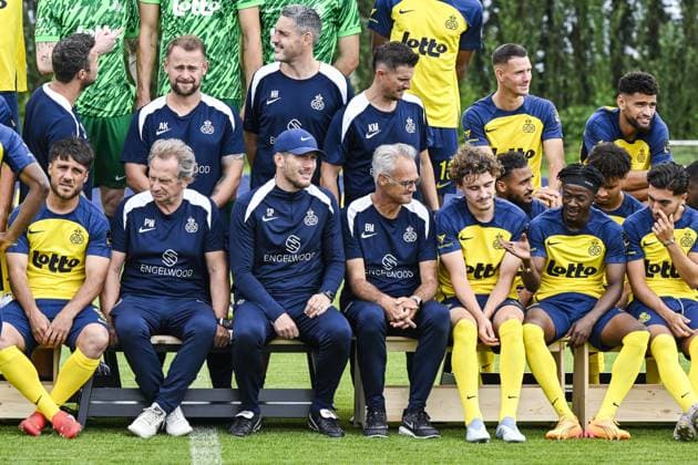 Union s assistant coach Patrick Wachel, Union s head coach Sebastien Pocognoli and Union s assistant coach Bart Meert pictured before a portrait picture at the 2025-2026 season photoshoot of Belgian soccer team Royale Union Saint-Gilloise, Tuesday 29 July 2025 in Brussels. TOM GOYVAERTS TomxGoyvaerts  x130247182x