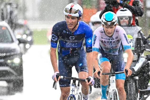 Tour de Wallonie 2025 Stage 4 SERAING, BELGIUM - JULY 29 : Van Mechelen Vlad of Bahrain - Victorious and Donnenwirth Tom of Groupama FDJ in the escape pack during stage 4 of the 30th edition of Tour de Wallonie an UCI ProSeries 2.Pro cycling road race stage for Men Elite of 163.3 km with start in Welkenraedt and finish in Seraing on July 29, 2025 in Seraing, Belgium, 29 07 2025 ( Motordriver Louis Bidlot - Seraing Belgium  Copyright: xTomasxSiskx