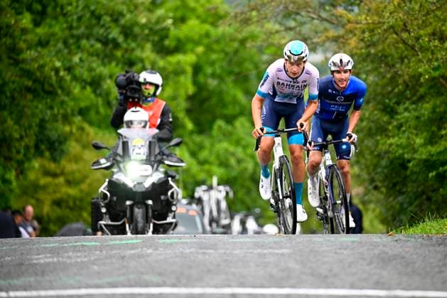 Tour de Wallonie 2025 Stage 4 SERAING, BELGIUM - JULY 29 : Van Mechelen Vlad of Bahrain - Victorious and Donnenwirth Tom of Groupama FDJ in the escape pack during stage 4 of the 30th edition of Tour de Wallonie an UCI ProSeries 2.Pro cycling road race stage for Men Elite of 163.3 km with start in Welkenraedt and finish in Seraing on July 29, 2025 in Seraing, Belgium, 29 07 2025 ( Motordriver Louis Bidlot - Seraing Belgium  Copyright: xTomasxSiskx