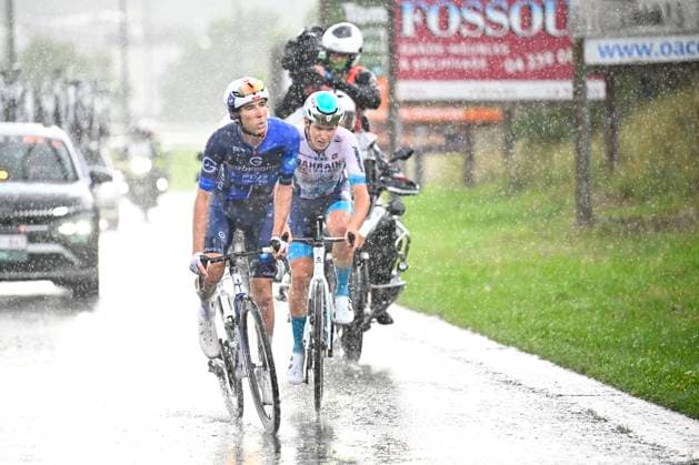 Tour de Wallonie 2025 Stage 4 SERAING, BELGIUM - JULY 29 : Van Mechelen Vlad of Bahrain - Victorious and Donnenwirth Tom of Groupama FDJ in the escape pack during stage 4 of the 30th edition of Tour de Wallonie an UCI ProSeries 2.Pro cycling road race stage for Men Elite of 163.3 km with start in Welkenraedt and finish in Seraing on July 29, 2025 in Seraing, Belgium, 29 07 2025 ( Motordriver Louis Bidlot - Seraing Belgium  Copyright: xTomasxSiskx