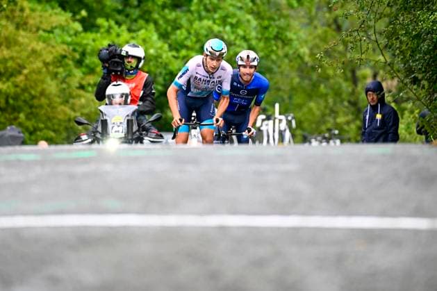 Tour de Wallonie 2025 Stage 4 SERAING, BELGIUM - JULY 29 : Van Mechelen Vlad of Bahrain - Victorious and Donnenwirth Tom of Groupama FDJ in the escape pack during stage 4 of the 30th edition of Tour de Wallonie an UCI ProSeries 2.Pro cycling road race stage for Men Elite of 163.3 km with start in Welkenraedt and finish in Seraing on July 29, 2025 in Seraing, Belgium, 29 07 2025 ( Motordriver Louis Bidlot - Seraing Belgium  Copyright: xTomasxSiskx