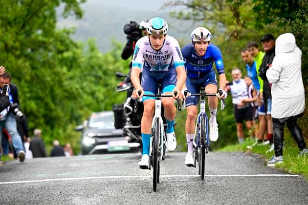 Tour de Wallonie 2025 Stage 4 SERAING, BELGIUM - JULY 29 : Van Mechelen Vlad of Bahrain - Victorious and Donnenwirth Tom of Groupama FDJ in the escape pack during stage 4 of the 30th edition of Tour de Wallonie an UCI ProSeries 2.Pro cycling road race stage for Men Elite of 163.3 km with start in Welkenraedt and finish in Seraing on July 29, 2025 in Seraing, Belgium, 29 07 2025 ( Motordriver Louis Bidlot - Seraing Belgium  Copyright: xTomasxSiskx