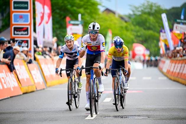 Tour de Wallonie 2025 Stage 4 SERAING, BELGIUM - JULY 29 : Vacek Mathias (CZE) of Lidl - Trek celebrating his victory during stage 4 of the 30th edition of Tour de Wallonie an UCI ProSeries 2.Pro cycling road race stage for Men Elite of 163.3 km with start in Welkenraedt and finish in Seraing on July 29, 2025 in Seraing, Belgium, 29 07 2025 ( Motordriver Louis Bidlot - Seraing Belgium  Copyright: xTomasxSiskx