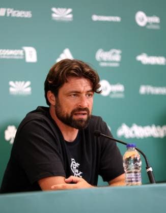 Rangers head coach Russell Martin talks to the media ahead of tomorrow s Champions League second leg qualifying match against Panathinaikos. Rangers press conference, PK, Pressekonferenz - Athens Olympic Stadium, Greece - 29 Jul 2025Athens Athens Olympic Stadium United Kingdom  Copyright: xO Rourke RangersxFC Shutterstockx 15419528i