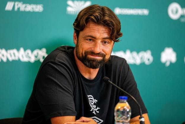 29th July 2025; Spiros Louis Olympic Stadium, Athens, Greece; Rangers press conference, PK, Pressekonferenz ahead of the UEFA Champions League Second Qualifying Round Match v Panathinaikos; Rangers Manager Russell Martin speaks during the press conference  VagelisxGeorgariou