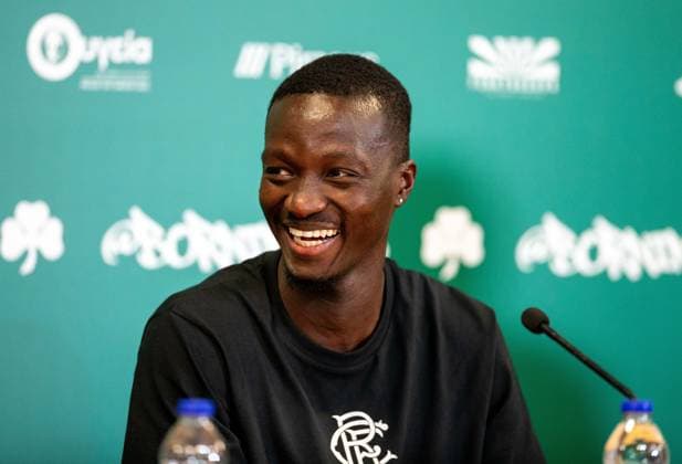 29th July 2025; Spiros Louis Olympic Stadium, Athens, Greece; Rangers press conference, PK, Pressekonferenz ahead of the UEFA Champions League Second Qualifying Round Match v Panathinaikos; Mohamed Diomande of Rangers laughs during the press conference  VagelisxGeorgariou