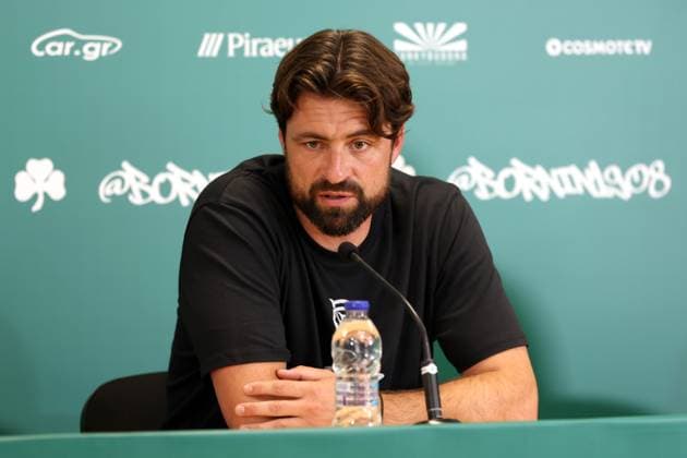 Rangers head coach Russell Martin talks to the media ahead of tomorrow s Champions League second leg qualifying match against Panathinaikos. Rangers press conference, PK, Pressekonferenz - Athens Olympic Stadium, Greece - 29 Jul 2025Athens Athens Olympic Stadium United Kingdom  Copyright: xO Rourke RangersxFC Shutterstockx 15419528r