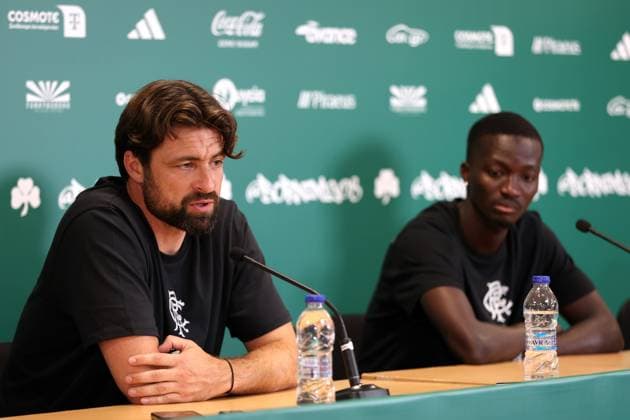 Rangers head coach Russell Martin and Mohamed Diomande talk to the media ahead of tomorrow s Champions League second leg qualifying match against Panathinaikos. Rangers press conference, PK, Pressekonferenz - Athens Olympic Stadium, Greece - 29 Jul 2025Athens Athens Olympic Stadium United Kingdom  Copyright: xO Rourke RangersxFC Shutterstockx 15419528o