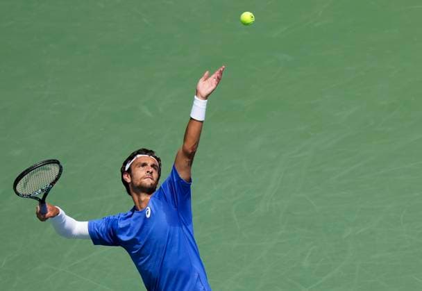 July 29, 2025, Toronto, On, CANADA: Lorenzo Musetti of Italy serves the ball against James Duckworth of Australia during second round tennis action at the National Bank Open in Toronto on Tuesday, July 29, 2025. Canada News - July 29, 2025  - ZUMAc35_ 20250729_zaf_c35_050 Copyright: xNathanxDenettex