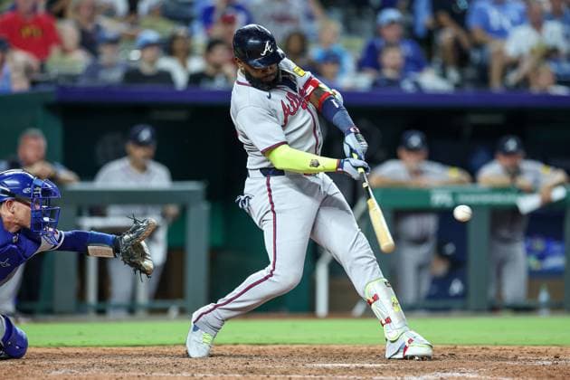 July 29, 2025: Atlanta Braves designated hitter Marcell Ozuna (20) hits an RBI single against the Kansas City Royals during the seventh inning at Kauffman Stadium in Kansas City, MO. CSM Kansas City United States of America - ZUMAc04_ 20250729_zma_c04_223 Copyright: xDavidxSmithx