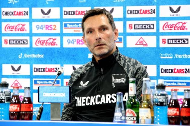 DEU, DFL, 2. FBL Hertha BSC, PK, 30.07.2025, Sportforum, Berlin, DEU, DFL, 2. FBL Hertha BSC, PK, im Bild Benjamin Weber (Sportdirektor, Hertha BSC Berlin), Cheftrainer Stefan Leitl (Hertha BSC Berlin) DFL - regulations prohibit any use of Photographs as image sequences and or quasi-video