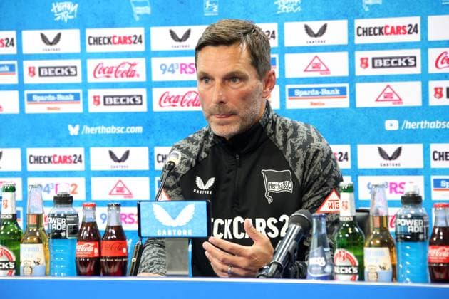 DEU, DFL, 2. FBL Hertha BSC, PK, 30.07.2025, Sportforum, Berlin, DEU, DFL, 2. FBL Hertha BSC, PK, im Bild Benjamin Weber (Sportdirektor, Hertha BSC Berlin), Cheftrainer Stefan Leitl (Hertha BSC Berlin) DFL - regulations prohibit any use of Photographs as image sequences and or quasi-video
