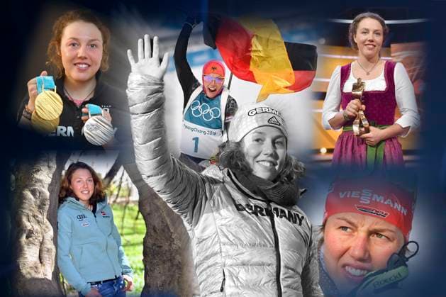 FOTOMONTAGE: Zum tragischen Tod von Laura DAHLMEIER bei Bergunglueck in Pakistan. Stationen ihrer sportlichen Karriere als Biathletin. *** PHOTOMONTAGE On the tragic death of Laura DAHLMEIER in a mountain accident in Pakistan Stages of her sporting career as a biathlete
