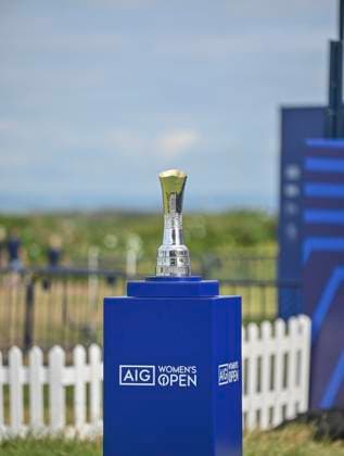 30th July 2025; Royal Porthcawl Golf Club, Porthcawl, Wales; AIG Womens Open Golf, Practice Day; Women& x2019;s open trophy sitting on a plinth at the 18th Hole  AledxHopkins