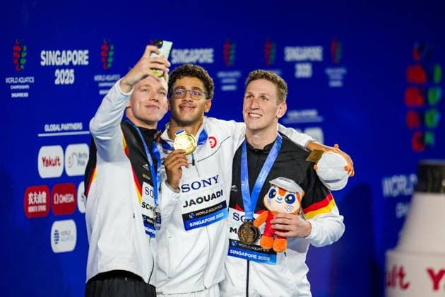 World Aquatics Championships 2025 at Singapore Sports Hub Ahmed Jaouadi (TUN) Sven Schwarz (GER) and Lukas Maertens (GER) during the World Aquatics Championships – Swimming competition on Saturday at the Singapore Sports Hub, Singapore on July 30, 2025. Photo by Antoine Lapeyre ABACAPRESS.COM Singapore Singapore  Copyright: xLapeyrexAntoine ABACAx