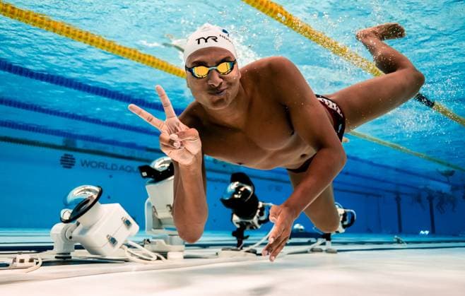 (250730) -- SINGAPORE, July 30, 2025 -- Yohann Ndoye-Brouard of France poses during a training session before the swimming finals at the World Aquatics Championships in Singapore, July 30, 2025. ) (SP)SINGAPORE-WORLD AQUATICS CHAMPIONSHIPS-SWIMMING XiaxYifang 
