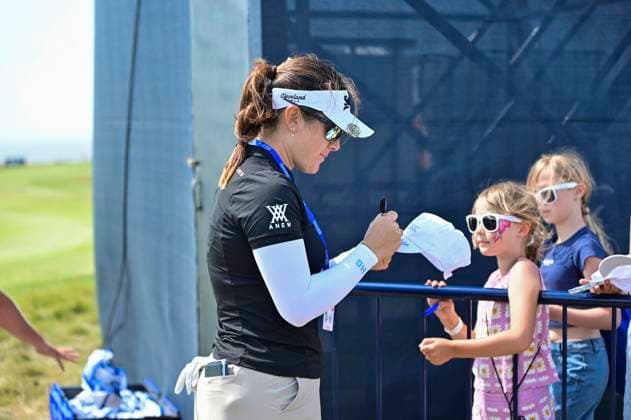 30th July 2025; Royal Porthcawl Golf Club, Porthcawl, Wales; AIG Womens Open Golf, Practice Day; Hannah Green signing a cap  AledxHopkins