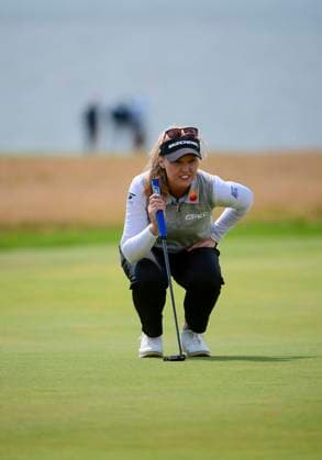 30th July 2025; Royal Porthcawl Golf Club, Porthcawl, Wales; AIG Womens Open Golf, Practice Day; Brooke Henderson lining up a putt on the 18th green  AledxHopkins