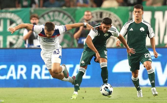 Nicolas Raskin of Rangers is barged off the ball by Tasos Bakasetas of Panathinaikos Panathinaikos v Rangers, UEFA Champions League, 2nd Qualifying Round, Second Leg, Football, Olympic Stadium, Athens, Greece - 30 Jul 2025Athens Olympic Stadium Greece EDITORIAL USE ONLY No use with unauthorised audio, video, data, fixture lists, club league logos or live services. Online in-match use limited to 120 images, no video emulation. No use in betting, games or single club league player publications. Copyright: xKieranxMcManus Shutterstockx 15417964ag