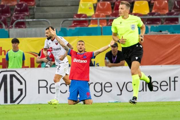 July 30, 2025,UEFA CHAMPIONS LEAGUE, Second qualifying round 2nd leg, FCSV (ROU) vs Shkendija (MKD), Bucharest, National Arena Stadium 9 Daniel Birligea hands in the air asking the referee for a foul