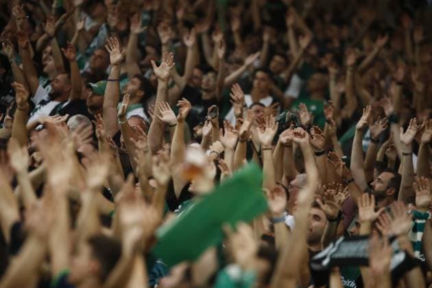 Fans of Panathinaikos react during the UEFA Champions League second qualifying round 2nd leg soccer match between Panathinaikos and Rangers held at Olympic Athletic Center of Athens in Athens, Greece, 30 July 2025. IMAGO ONE INCH PRODUCTIONS ATHENS Greece Copyright: xOnexInchxProductionsx 6622130
