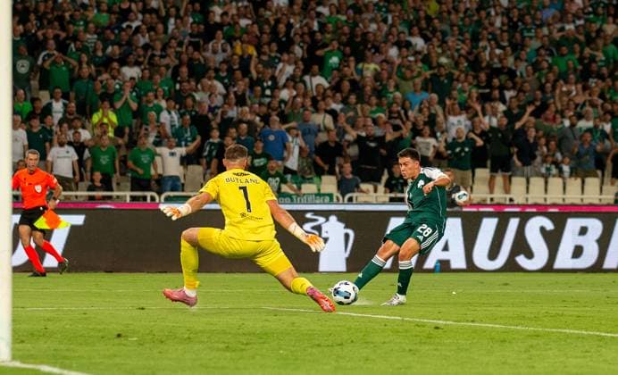 30th July 2025; Spiros Louis Olympic Stadium, Athens, Greece; UEFA Champions League Second Qualifying Round Second Leg Football, Panathinaikos versus Rangers; Jack Butland of Rangers saves the shot from Facundo Pellistri of Panathinaikos  VagelisxGeorgariou